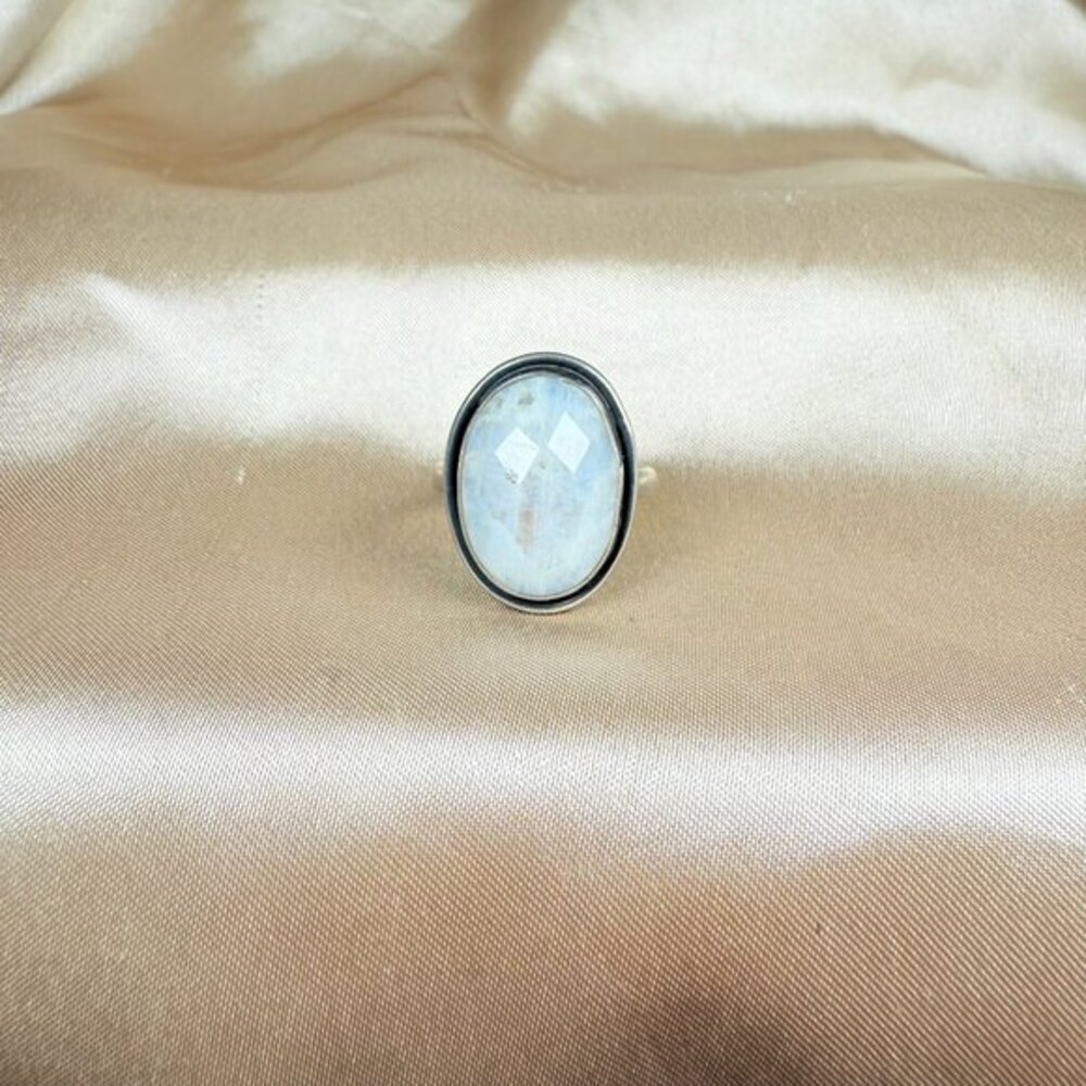 Handmade Faceted Rainbow Moonstone Oval Gemstone Silver Ring Boho Jewelry Size 9